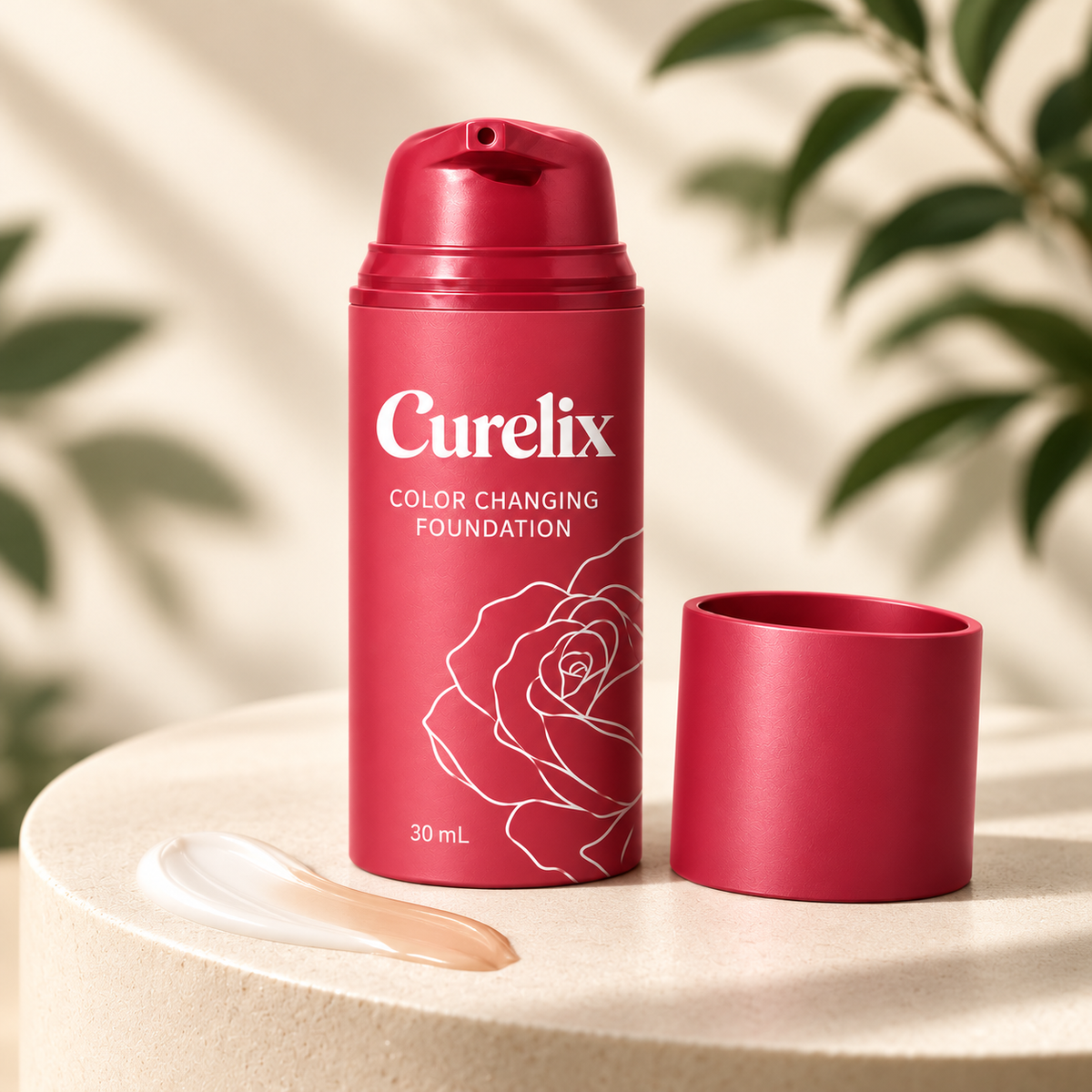 Curelix Color Changing Foundation with cap and foundation swatch